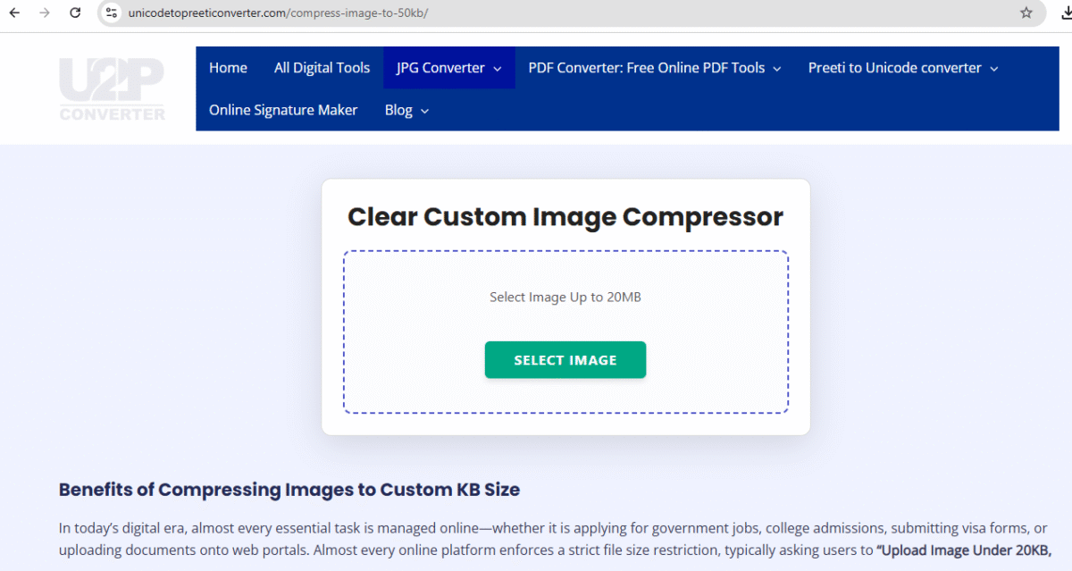 online custom image compressor and 50kb converter tool interface