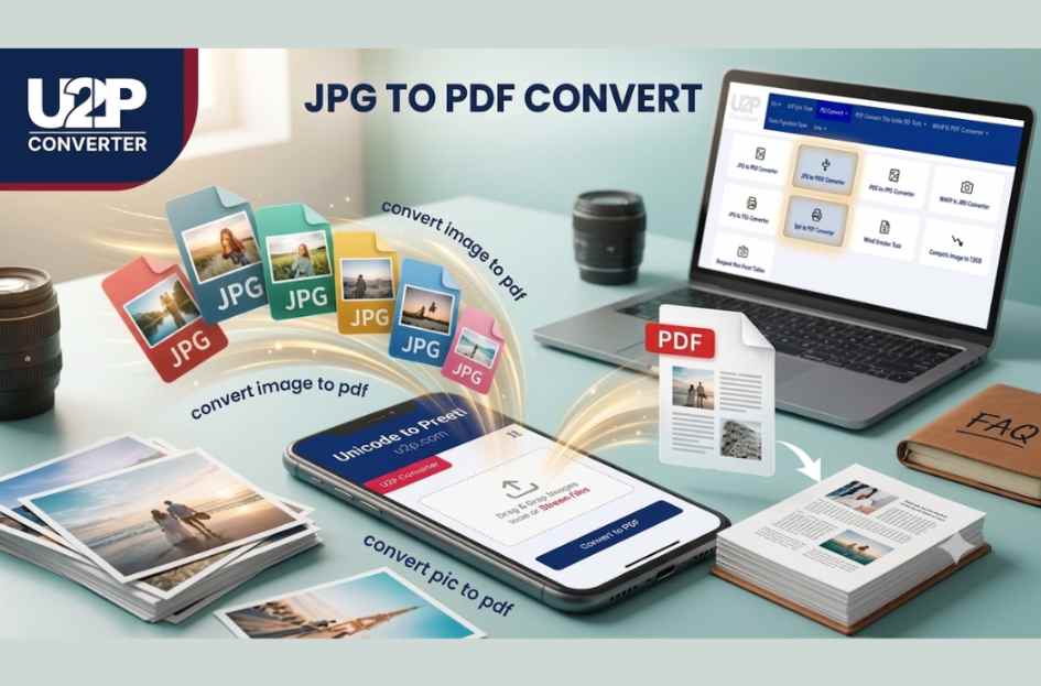 Professional featured image showing JPG images converting into a PDF document online using a smartphone and laptop.