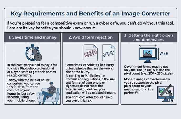 Key requirements and benefits of a 50kb image converter infographic for online forms
