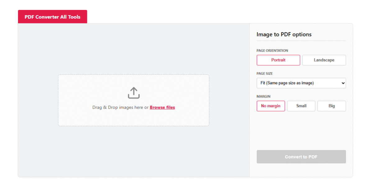 Free online Image to PDF converter tool interface with customization options like page orientation, size, and margins.