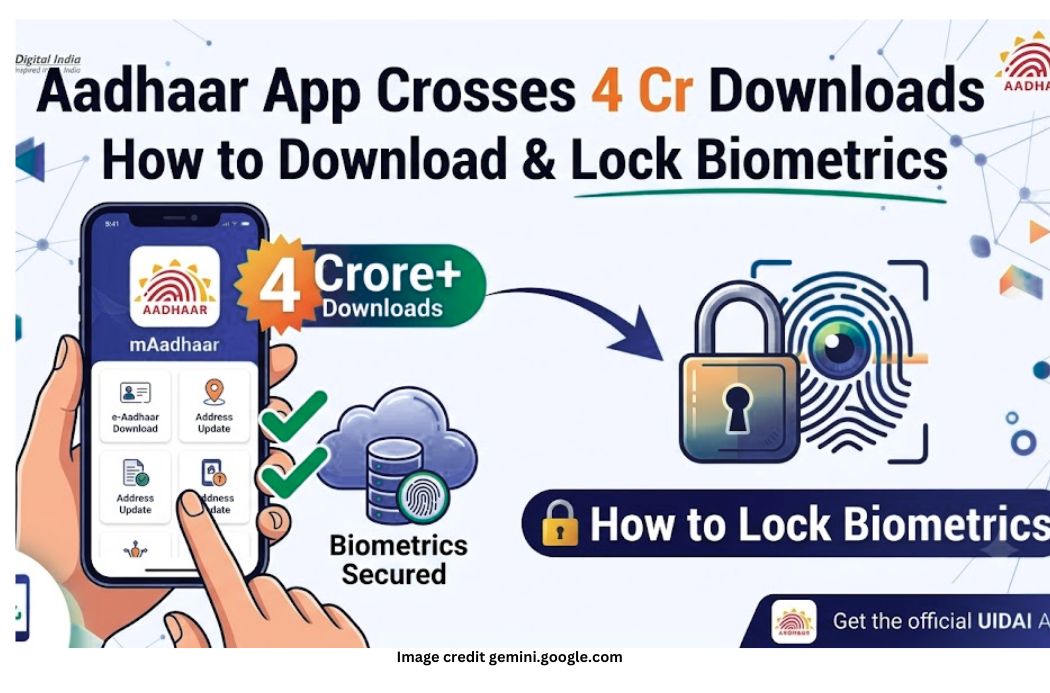 Feature graphic illustrating the mAadhaar app's 4 crore download milestone and biometric lock guide, featuring a smartphone and a padlock icon.