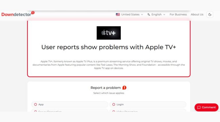 A smart TV screen displaying a connection error message on the Apple TV app during a system outage