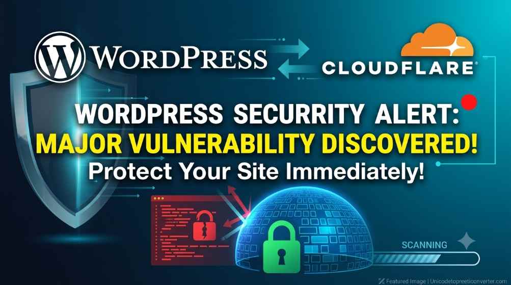 A large red WordPress logo and a smaller Cloudflare orange cloud logo with text indicating a major security vulnerability alert.