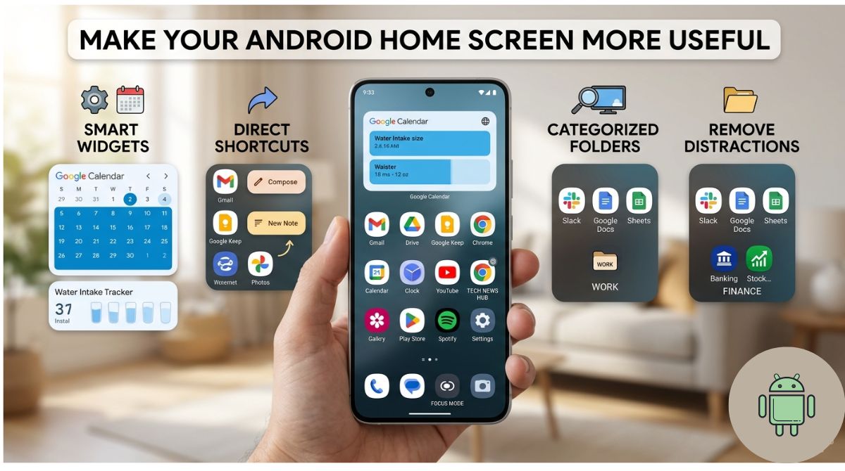 Infographic showing 5 steps to customize and organize an Android smartphone home screen with widgets, app shortcuts, and folders.