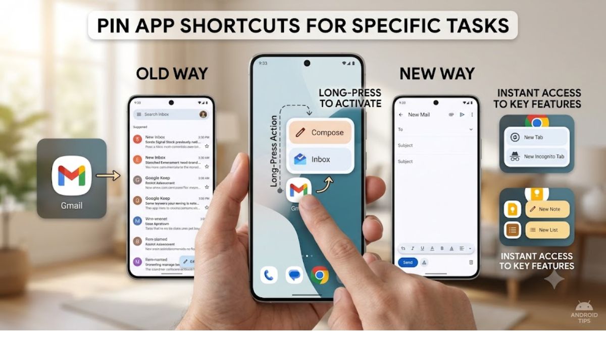 Infographic showing how to long-press an Android app icon to reveal quick shortcuts like Gmail Compose and Chrome Incognito.