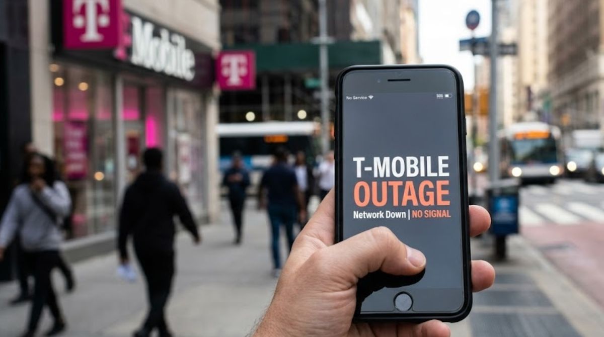 Smartphone screen showing SOS mode during T-Mobile network outage