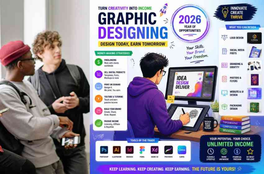 A modern laptop and graphics tablet displaying design software, representing how to learn graphic design and earn money through digital career skills in 2026.