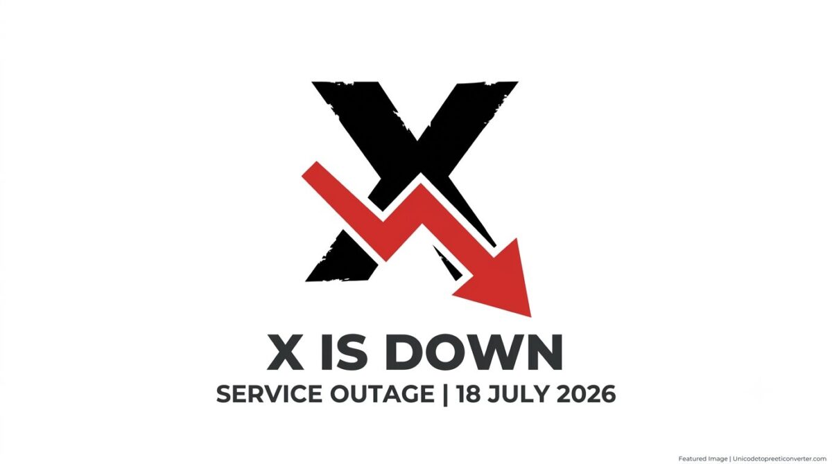 A black X logo on a white background with a large red downward-pointing arrow indicating a service outage.