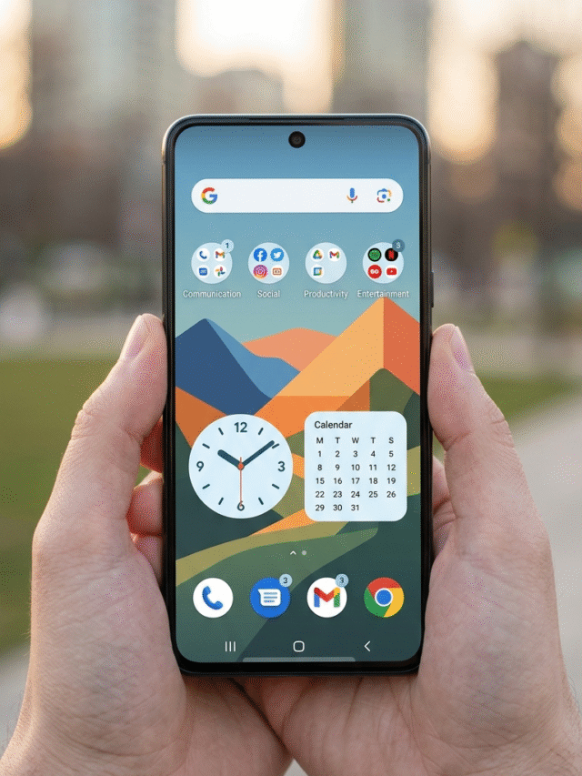 Smartphone held in hand showcasing a personalized Android home screen with categorized folders and useful widgets, based on a blog post titled "How to make your Android phone's home screen more useful?".