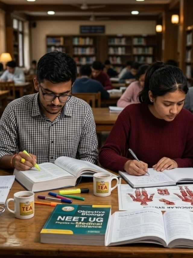 Group of Indian medical students studying together for NEET UG exam in a library