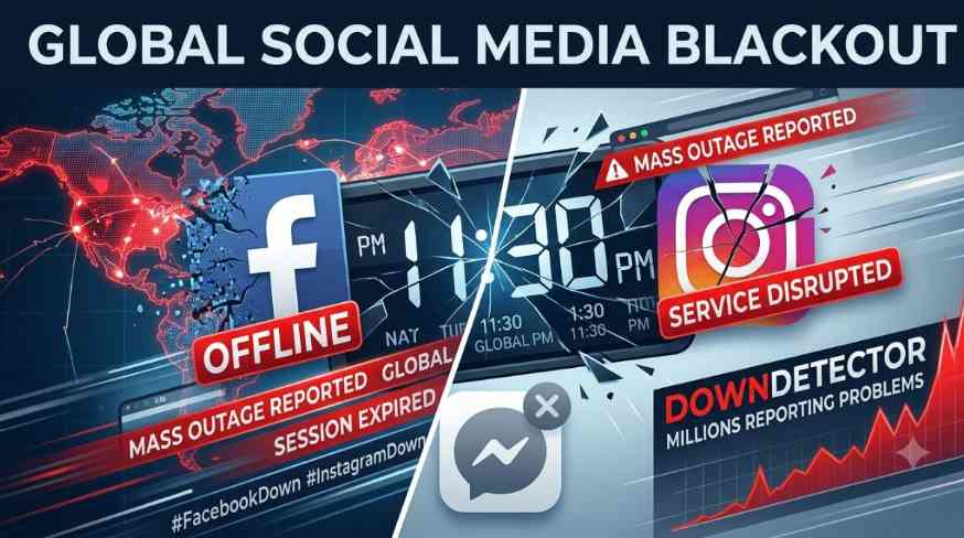 Illustration showing broken Facebook and Instagram icons with red offline status messages and a massive spike on the Downdetector graph, indicating a global service disruption.