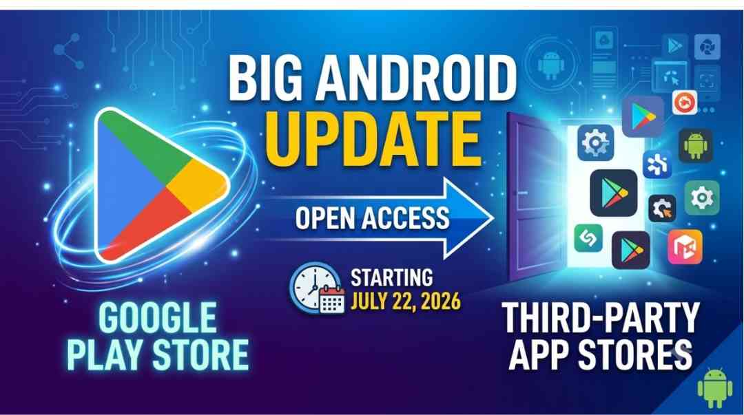 Google Play Store opening access to third-party app stores with BIG ANDROID UPDATE text and date July 22, 2026.