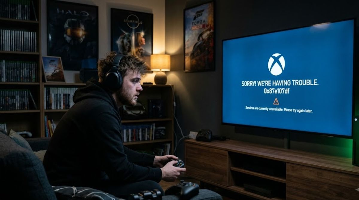 Xbox logo on a controller representing the Xbox server outage and 0x87e107df error issue