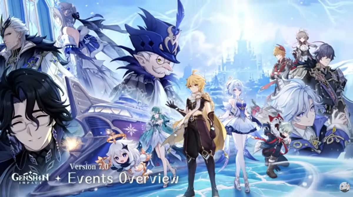 Genshin Impact v7.0 update featuring the new Snezhnaya region, characters Odette and Alyosha, and third-person shooting mechanics on PS5.