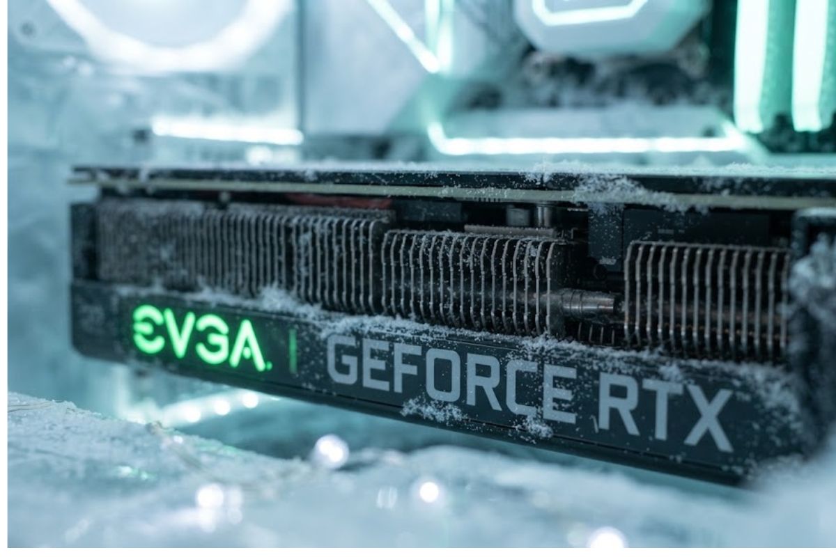 An EVGA Nvidia GeForce RTX 3070 graphics card installed inside a gaming PC