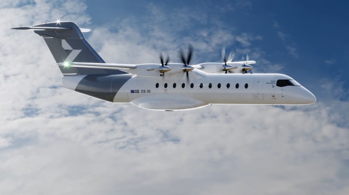 Heart Aerospace's white X1 battery-electric demonstrator aircraft parked on the runway
