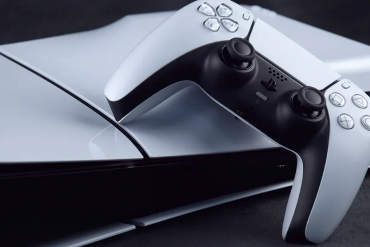 PlayStation 5 console and DualSense controller against a dark background