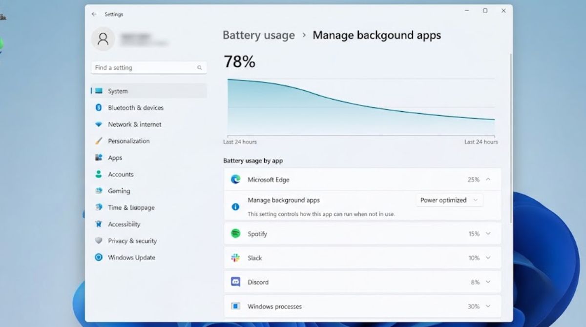 Windows 11 Power and Battery settings me background apps manage karne ka option
