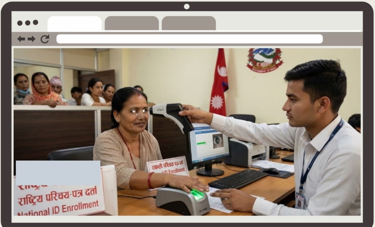 Staff at the District Administration Office taking a citizen's fingerprint and iris scan