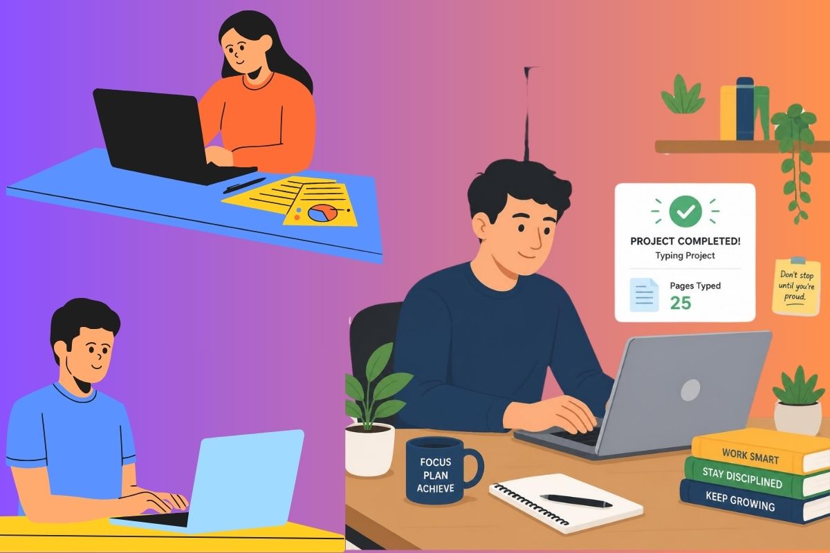 Freelancer completing a typing project at home on a laptop