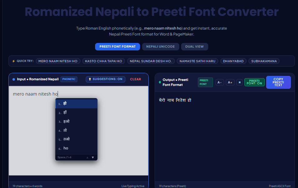 Roman to Preeti Font Converter tool for typing Nepali online