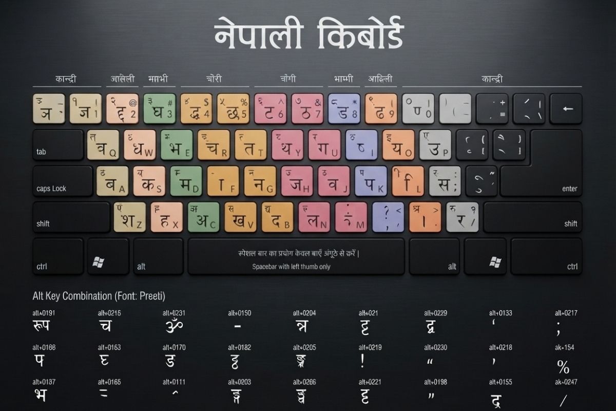 Preeti font keyboard layout and Nepali typing chart illustration