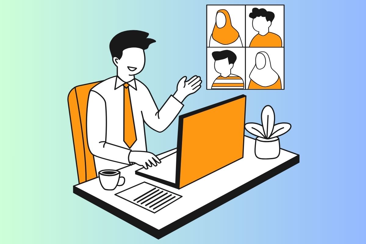 Remote employee typing fast during a virtual office meeting online