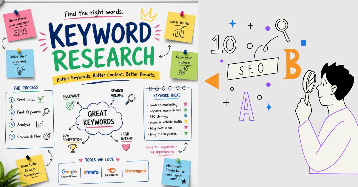 Person doing keyword research for an online tool on a laptop